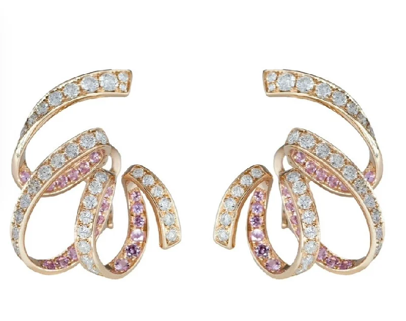 Hoop earrings with a matte finish for a sleek and sophisticated appearance-18K Diamond and Pink Sapphire Ribbon Loop Studs