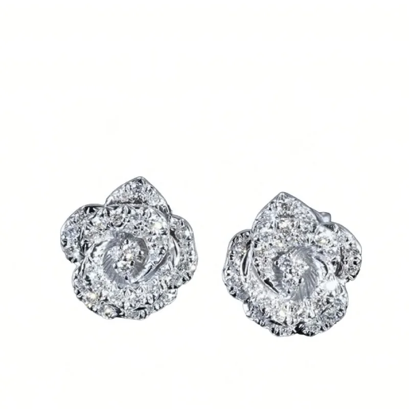 Best hoop earrings with sterling silver for an affordable and chic design-18K White Gold Diamond Rose Bloom Studs