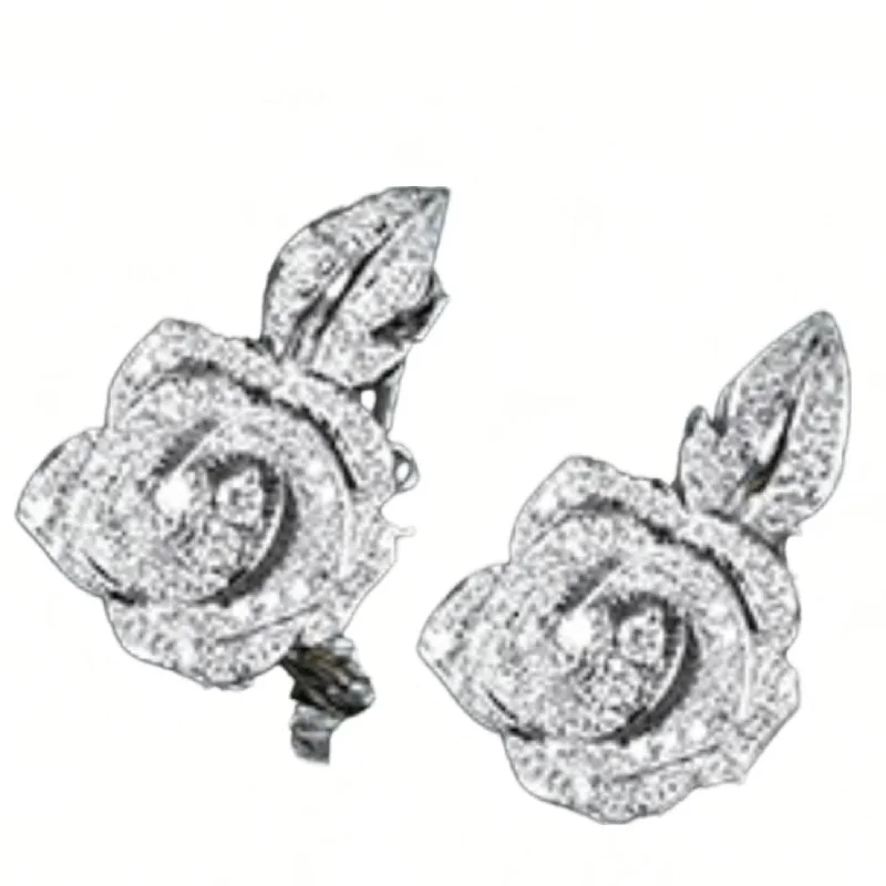 Hoop earrings with twisted metal designs for a dynamic and modern style-18K White Gold Large Diamond Rose Bloom Leaf Studs