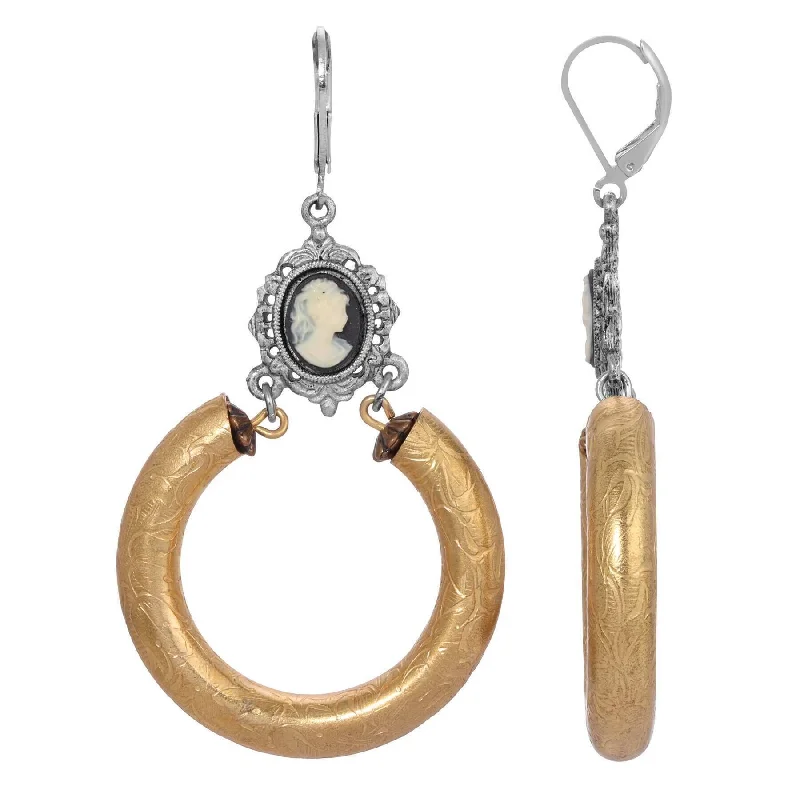 Hoop earrings with dangling charms for a playful and fun look-1928 Jewelry Etched Vine Hoop Black & Ivory Cameo Earrings