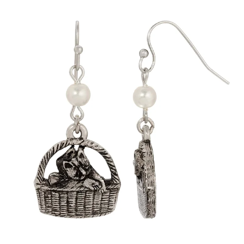 Hoop earrings with circle designs for a classic and timeless shape-1928 Jewelry Faux Pearl Cat In Handbasket Dangling Earrings