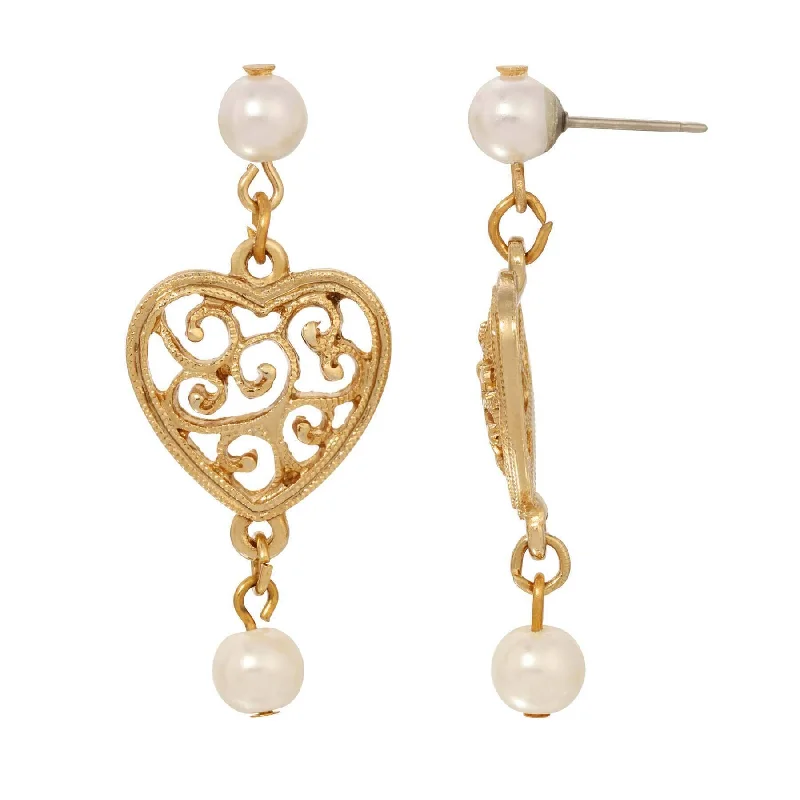 Best hoop earrings with geometric pendants for a modern, chic appeal-1928 Jewelry Gold Filigree Heart & Faux Pearl Post Dangle Earrings