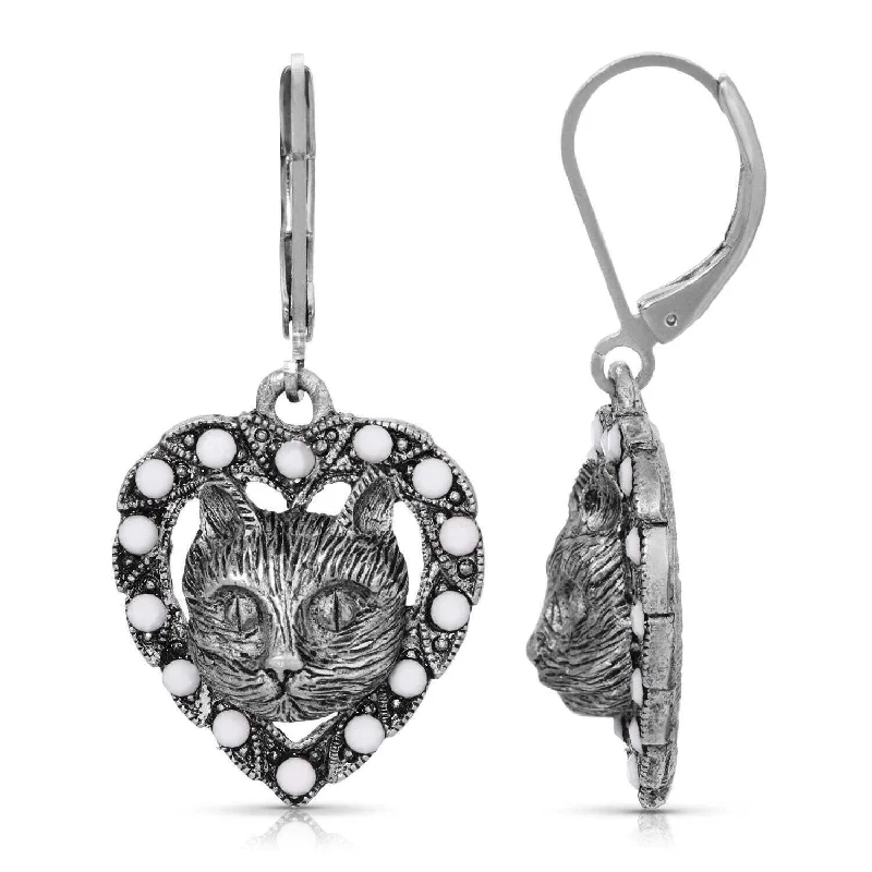 Hoop earrings with removable pendants for a versatile and customizable accessory-1928 Jewelry Heart And Cat White Opaque Accent Stone Lever Back Earrings