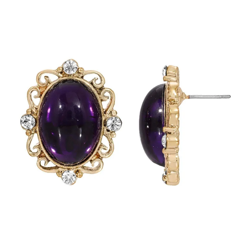 Best hoop earrings with vintage rhinestone embellishments for a retro-glam effect-1928 Jewelry Oval Amethyst Purple Stone Crystal Button Earrings