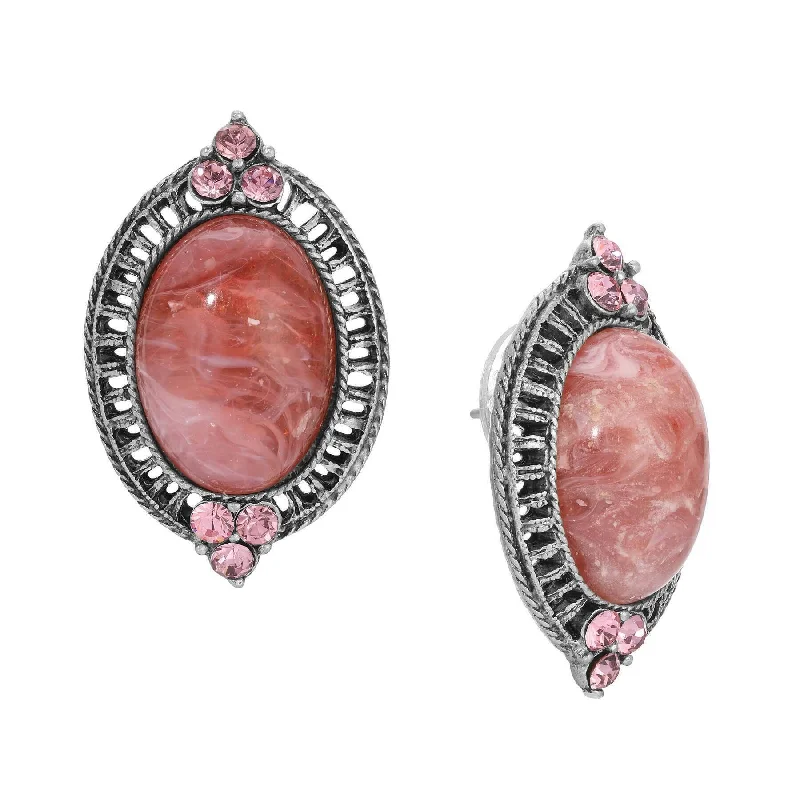 Hoop earrings with crescent moon shapes for a celestial and mystical appearance-1928 Jewelry Oval Coral Quartz Stone & Light Rose Pink Crystal Post Earrings