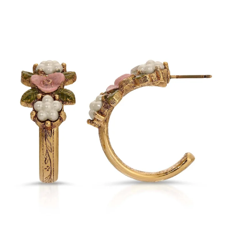 Hoop earrings with floral motifs for a feminine and nature-inspired look-1928 Jewelry Pearly Eden Pink Rose Enamel Faux Pearl Half Hoop Post Earrings