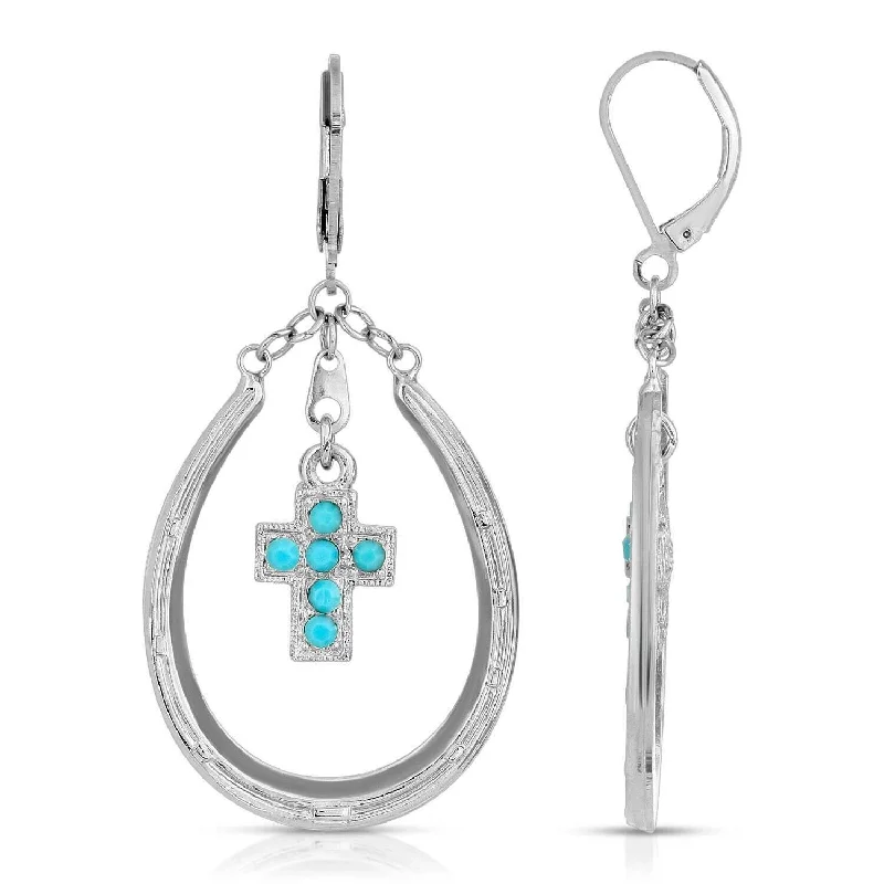 Hoop earrings with faceted crystals for added sparkle and shine-1928 Jewelry Southwest Turquoise Austrian Crystal Cross Horseshoe Earrings