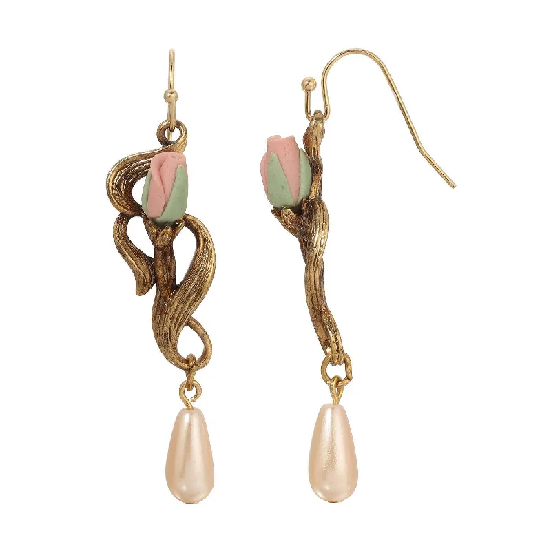 Best hoop earrings with sterling silver for an affordable and chic design-1928 Jewelry Pink Porcelain Rose Bud & Champagne Faux Pearl Teardrop Dangling Earrings