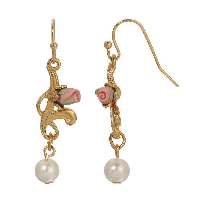 Best hoop earrings with custom designs for a personalized, unique accessory-1928 Jewelry Pink Porcelain Rose Bud & Faux Pearl Dangling Earrings