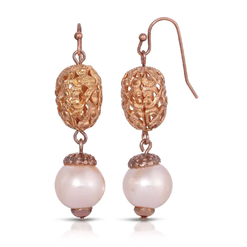 Hoop earrings with polished metal for a shiny and high-quality finish-1928 Jewelry Rosabella Champagne Faux Pearl Rose Gold Filigree Bead Dangling Earrings