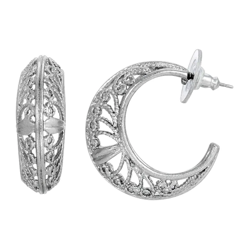 Hoop earrings with textured finishes for a vintage and classic style-1928 Jewelry Silver Ornate Filigree Hoop Earrings