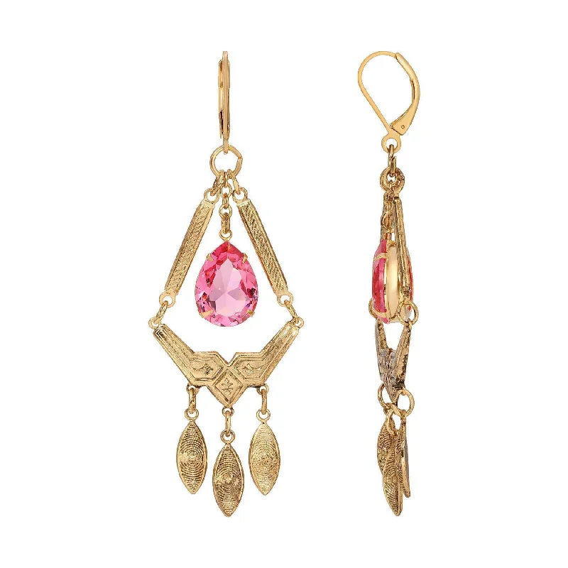 Hoop earrings with pearl accents for a chic and classic style-1928 Jewelry Tri Harmonic Leaf Drop & Rose Pink Oval Crystal Dangle Earrings