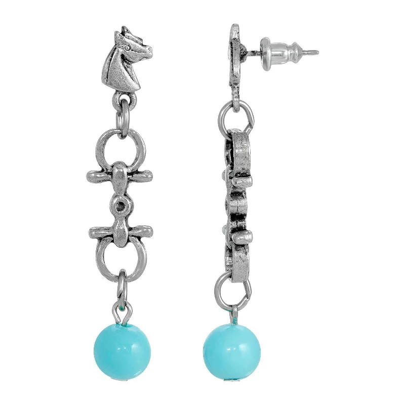 Hoop earrings with twisted leather for a chic and modern boho look-1928 Jewelry Southwest Horse Bit Turquoise Bead Horse Linear Post Earrings