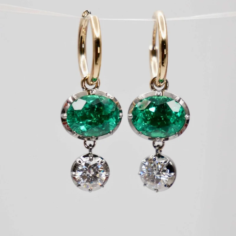 Hoop earrings with enamel stripes for a colorful and eye-catching design-5 Ct Oval Emerald and Round Moissanite Georgian Victorian Blackened 14K or 18K Gold Hoop Earrings