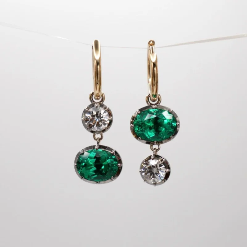 Hoop earrings with heart-shaped frames for a romantic and feminine look-5 Ct Oval Emerald and Round Moissanite Georgian Victorian Blackened Mismatched 14K or 18K Gold Hoop Earrings