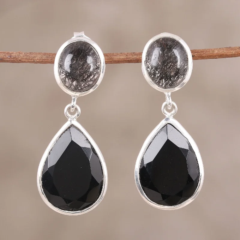 Hoop earrings with enamel stripes for a colorful and eye-catching design-Alluring Onyx Black Onyx and Tourmalinated Quartz Dangle Earrings