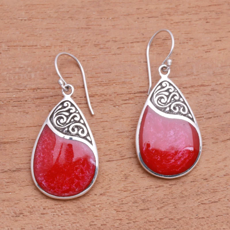 Hoop earrings with a chunky design for a bold and trendy statement-Bali Pear Red Teardrop Sterling Silver and Resin Dangle Earrings