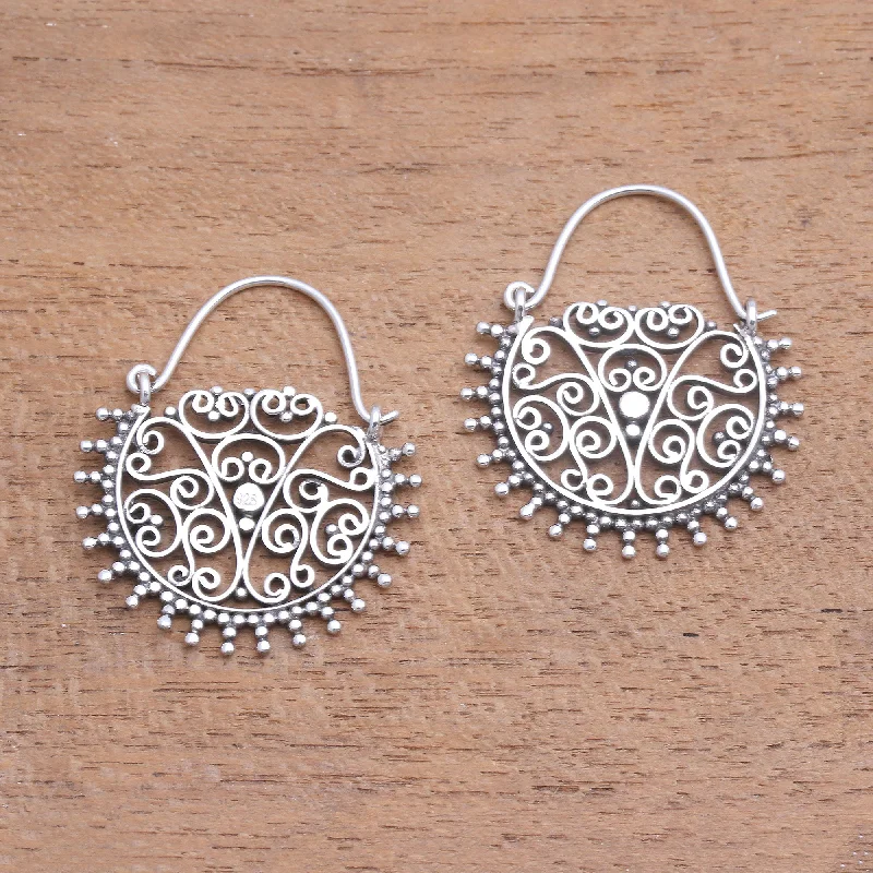 Hoop earrings with satin finishes for a smooth and elegant appearance-Balinese Delight Swirling Openwork Sterling Silver Hoop Earrings from Bali