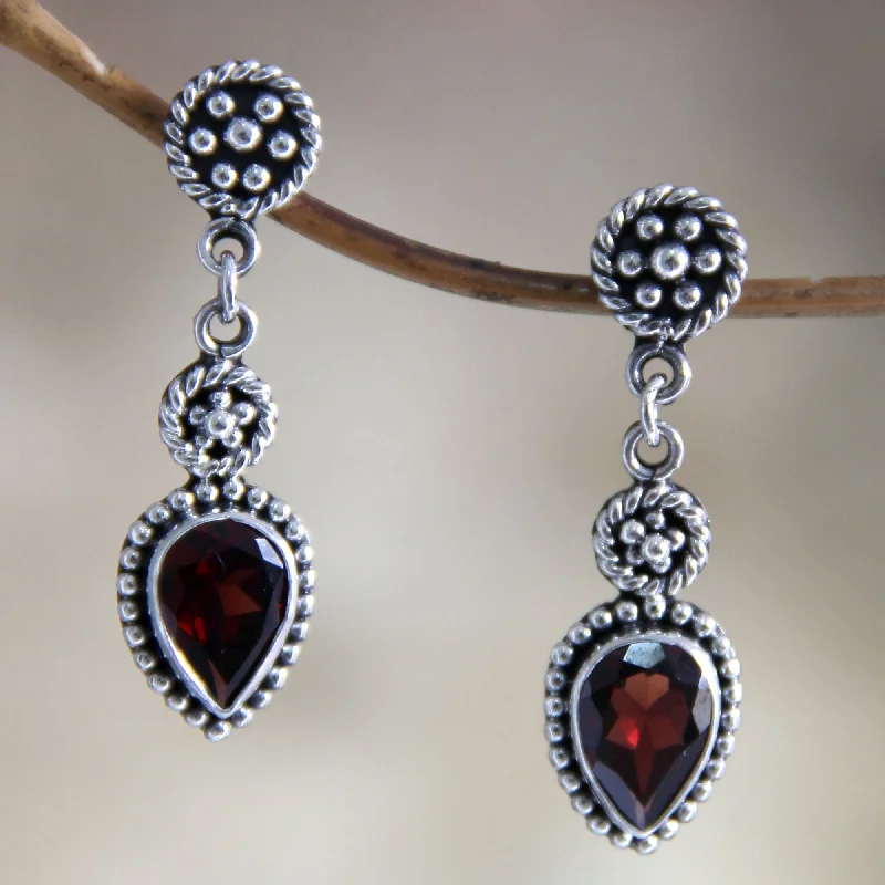 Best hoop earrings with gemstone accents for a colorful and elegant appearance-Balinese Jackfruit Hand Made Sterling Silver and Garnet Dangle Earrings