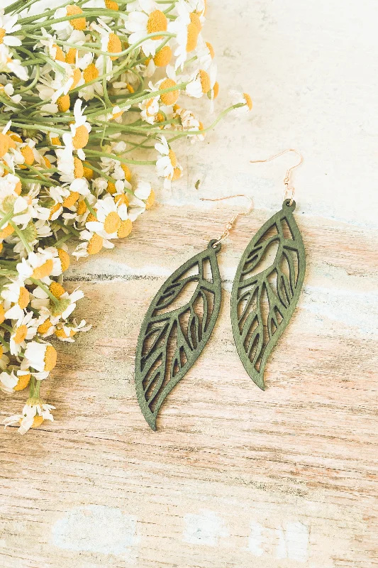 Hoop earrings with hammered copper for a warm and rustic aesthetic-Beautiful Green Wood Leaf Earrings