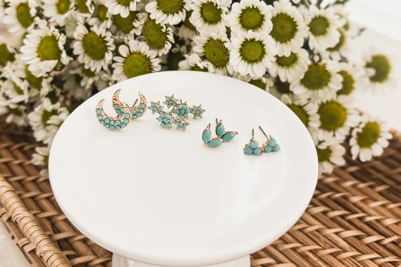 Hoop earrings with rhinestone-studded rims for a glamorous touch-Beautiful Turquoise Earring Set - Set of 4 Studs