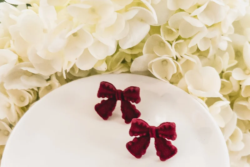 Hoop earrings with leather accents for a sleek and bold combination-Beautiful Velvet Burgundy Bow Earrings