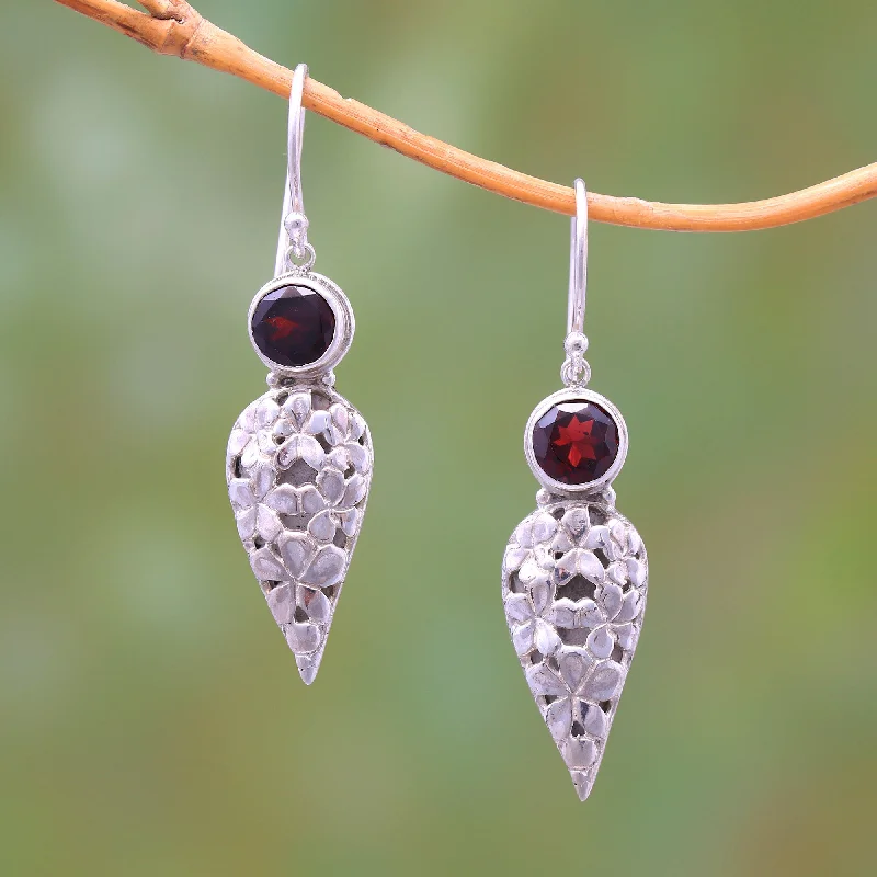 Hoop earrings with dangling charms for a playful and fun look-Brightest Beauty Floral Drop Garnet Dangle Earrings Crafted in Bali