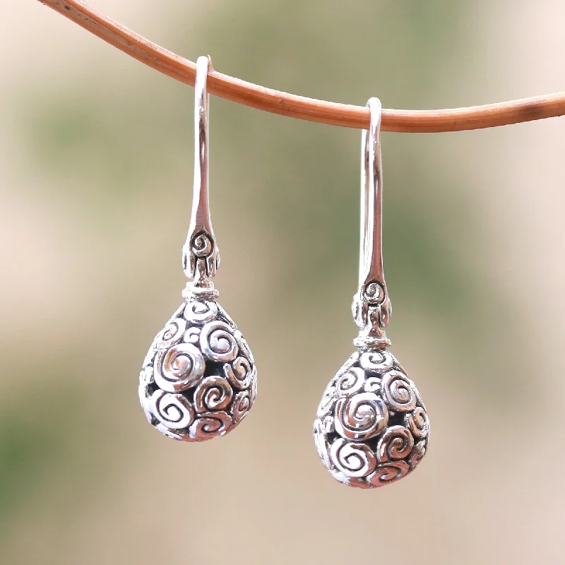 Best hoop earrings with vintage-style detailing for a nostalgic and timeless look-Buddha's Dew Curl Pattern Drop-Shaped Sterling Silver Earrings from Bali