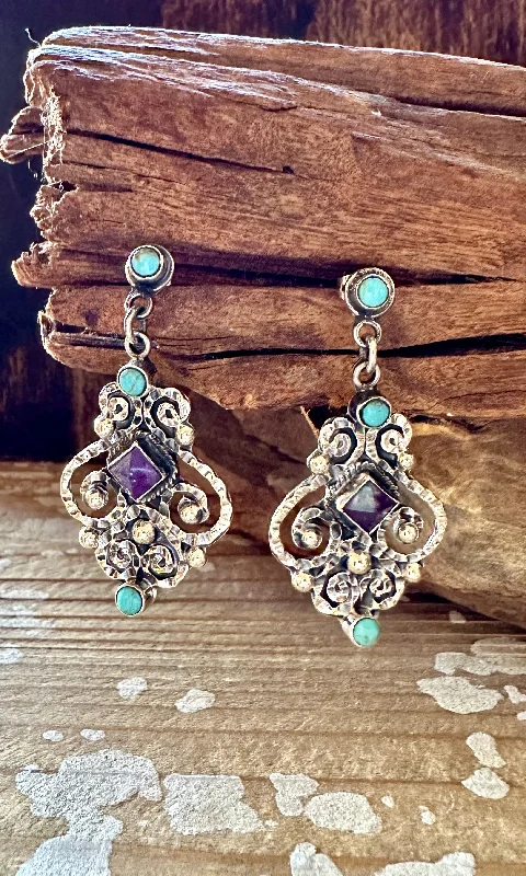 Best hoop earrings with twisted rope designs for a nautical-inspired style-CHIC CHANDELIER Amethyst and Turquoise Sterling Silver Earrings • 14g