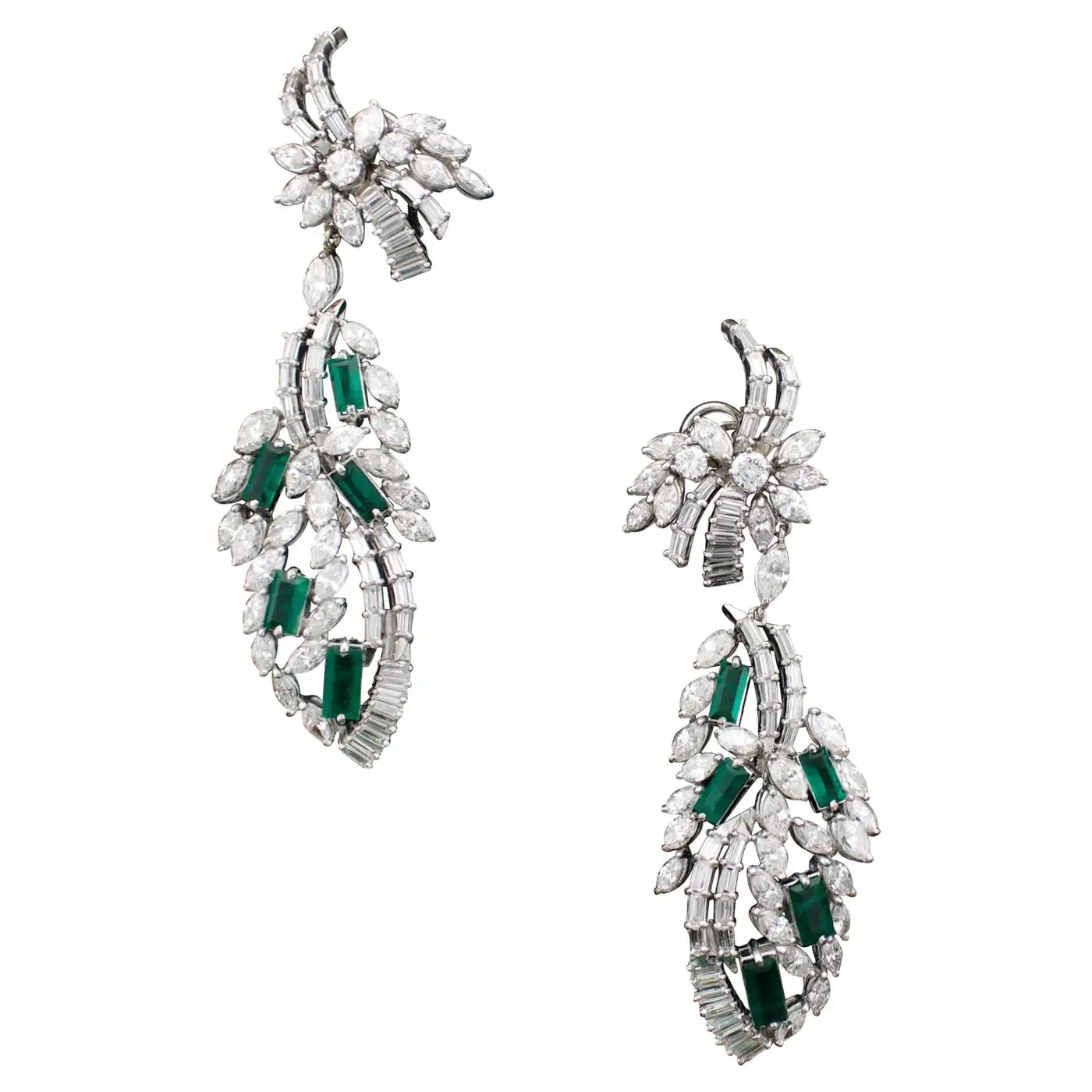 Best hoop earrings with marbled designs for a trendy and artistic effect-Circa 1950's Dangling Diamond and Emerald Earrings in Platinum