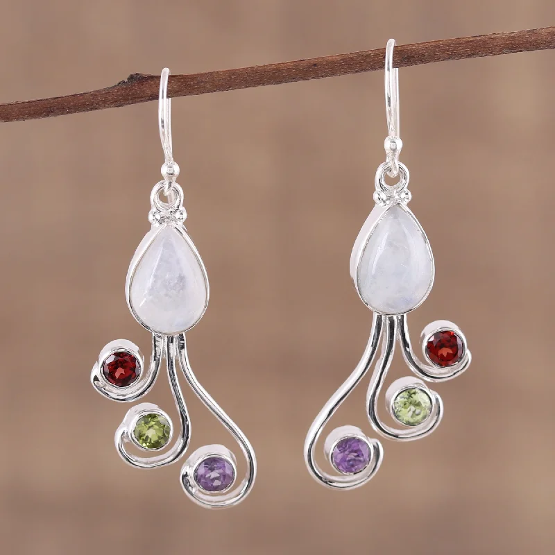 Hoop earrings with oversized pearl accents for a statement-making look-Colorful Shower Multi-Gemstone and Silver Dangle Earrings from India