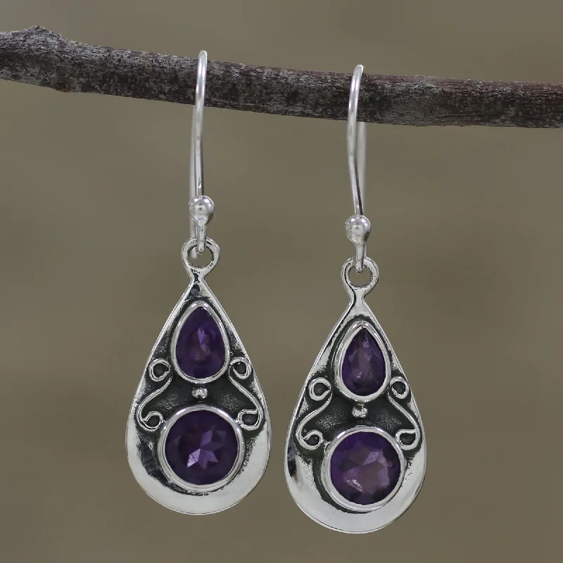 Hoop earrings with polished metal for a shiny and high-quality finish-Complex Drops Drop-Shaped Amethyst Dangle Earrings from India