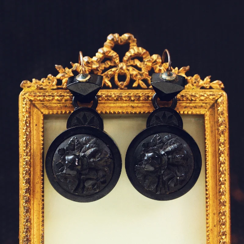 Best hoop earrings with geometric pendants for a modern, chic appeal-Antique Victorian Whitby Jet Cameo Earrings