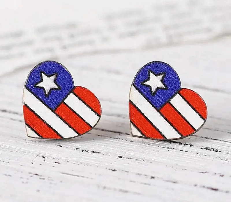 Best hoop earrings with Swarovski crystals for added sparkle and luxury-Beautiful Red, White, and Blue Wooden Heart Flag Earrings