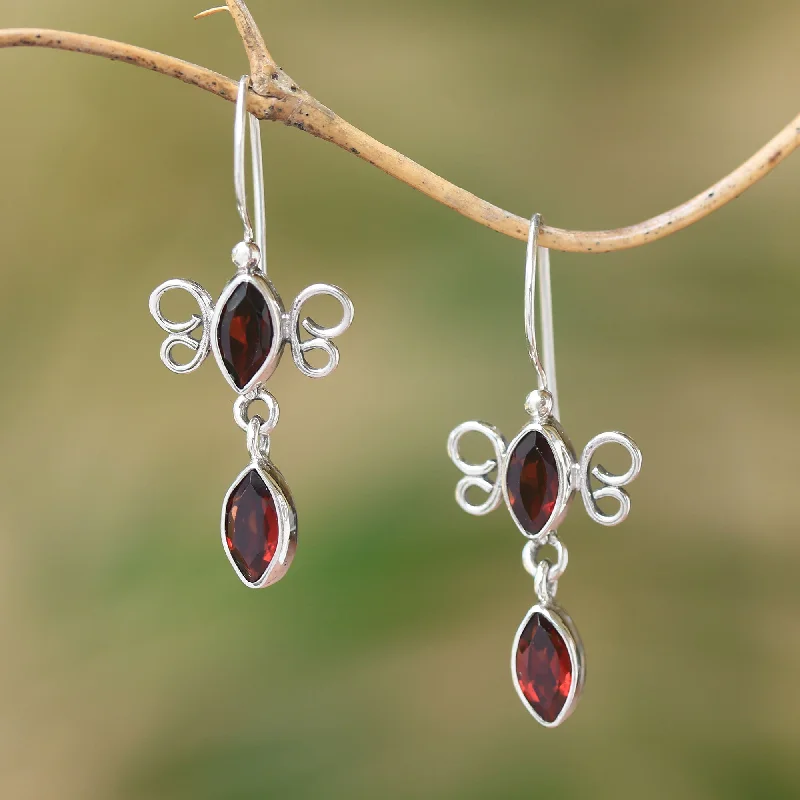 Hoop earrings with leather accents for a sleek and bold combination-Crimson Rainfall Sterling Silver and Garnet Red Raindrop Dangle Earrings