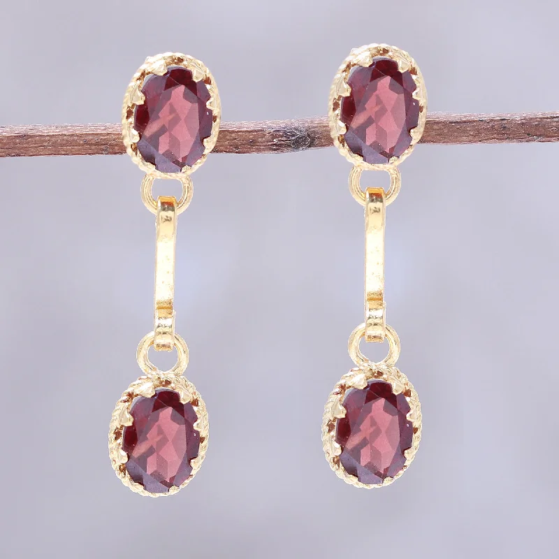 Best hoop earrings with hammered gold for a rustic yet elegant look-Dazzling Twins Gold Plated Garnet Dangle Earrings from India