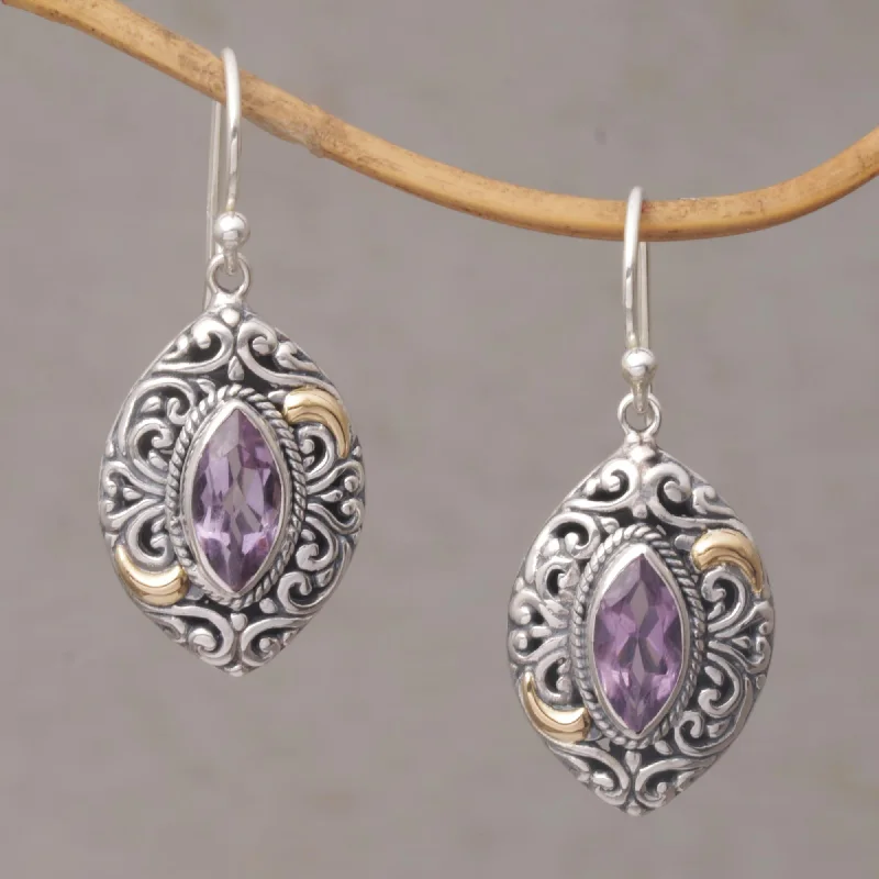 Best hoop earrings with custom designs for a personalized, unique accessory-Defiant Beauty Gold Accent Amethyst Swirl Motif Dangle Earrings from Bali