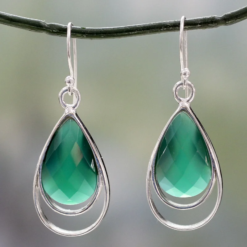 Hoop earrings with hammered textures for a boho-chic and rustic vibe-Delhi Glam Teardrop Shaped Green Onyx Dangle Earrings