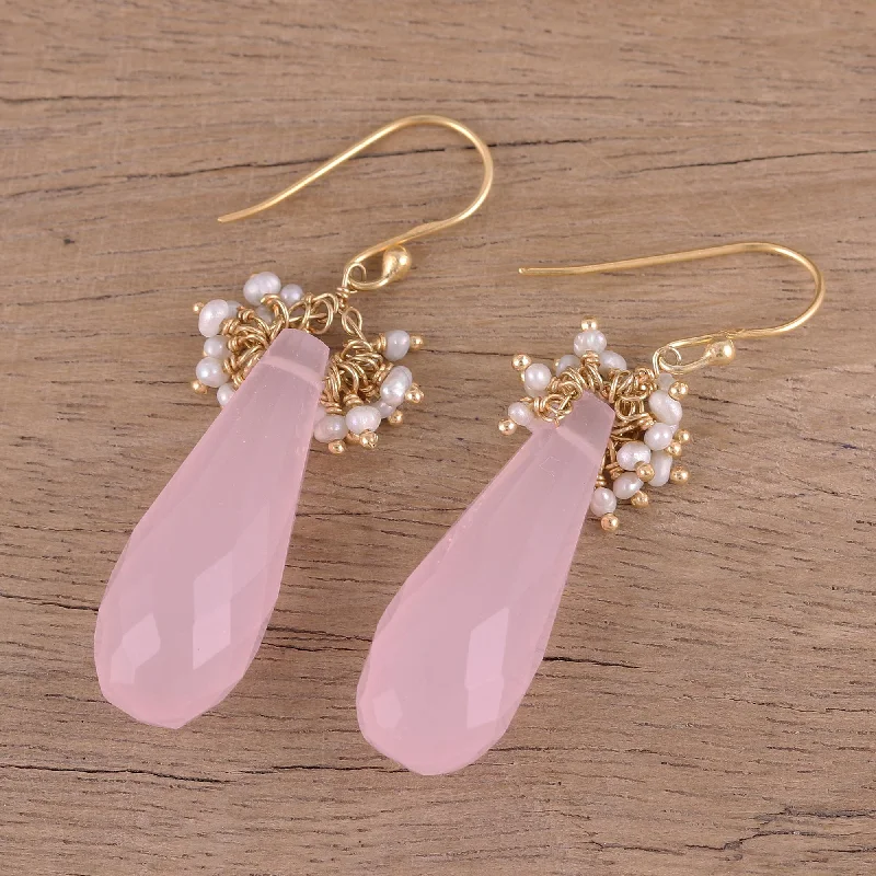 Best hoop earrings with vintage-style detailing for a nostalgic and timeless look-Devoted Rose Handmade 22k Gold Plated Rose Quartz Cultured Pearl Earrings