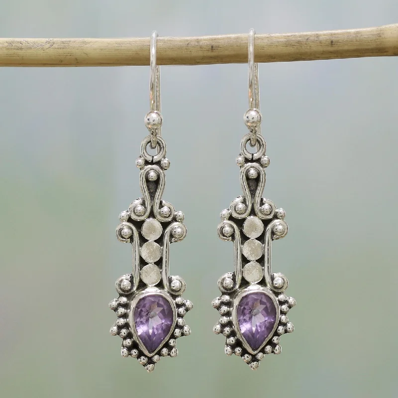 Hoop earrings with textured gold for a refined and sophisticated aesthetic-Droplet Dreams Sterling Silver and Teardrop Amethyst Earrings from India