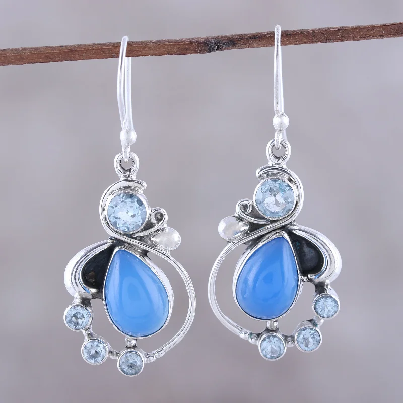 Best hoop earrings with infinity designs for a timeless and meaningful symbol-Elegant Dew Blue Topaz and Chalcedony Dangle Earrings from India