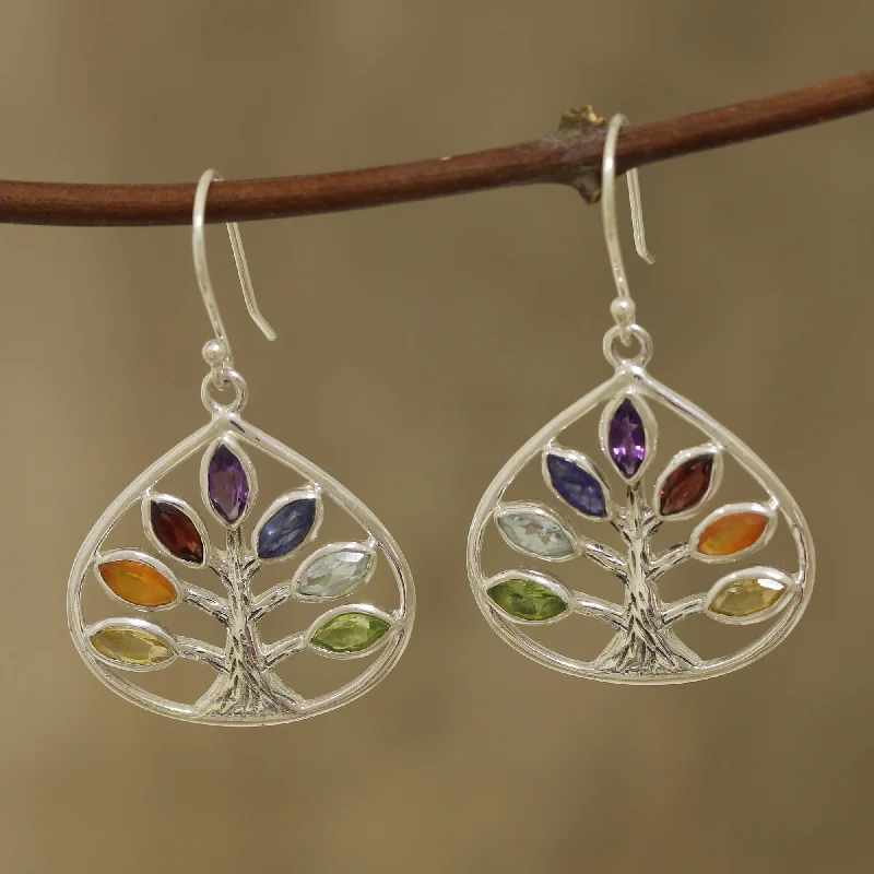 Best hoop earrings with intricate beaded details for a textured, stylish appearance-Energy Tree Multi-Gemstone Chakra Tree Dangle Earrings from India