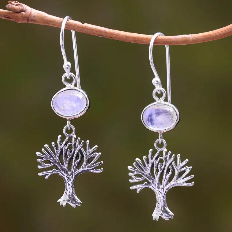 Hoop earrings with rhinestone-studded rims for a glamorous touch-Enlightenment Tree Rainbow Moonstone Tree Dangle Earrings from Bali