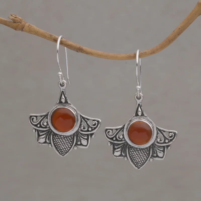 Hoop earrings with resin accents for a bold and colorful design-Falcon's Eye Carnelian and Sterling Silver Bird Dangle Earrings from Bali