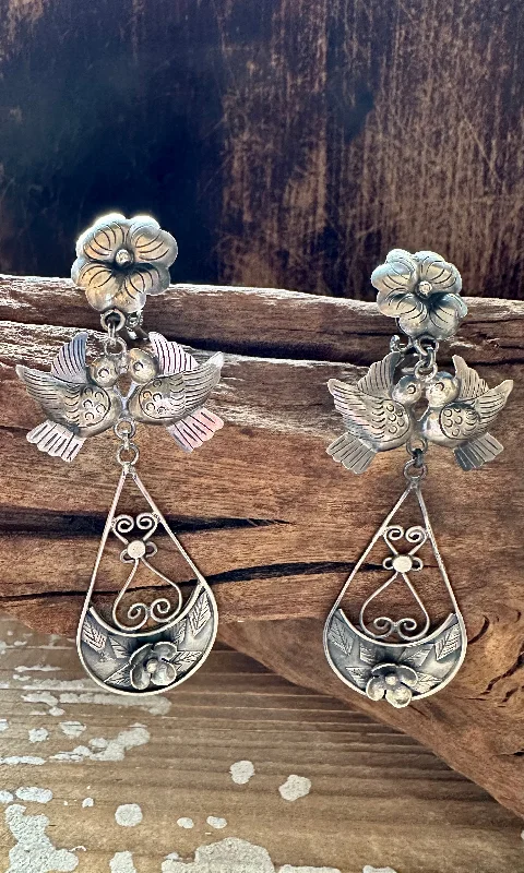 Best hoop earrings with snake-inspired designs for an edgy and fierce vibe-FEDERICO FLOWER LOVEBIRDS Mexican Silver Earrings