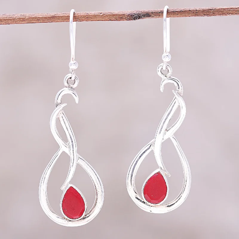 Hoop earrings with rhinestone-studded rims for a glamorous touch-Fiery Dance Swirl Motif Ruby Dangle Earrings from India