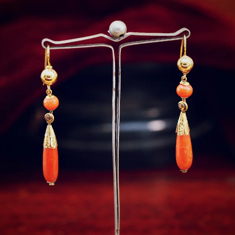 Hoop earrings with crescent moon shapes for a celestial and mystical appearance-Fine Antique Etruscan Revival Coral Earrings