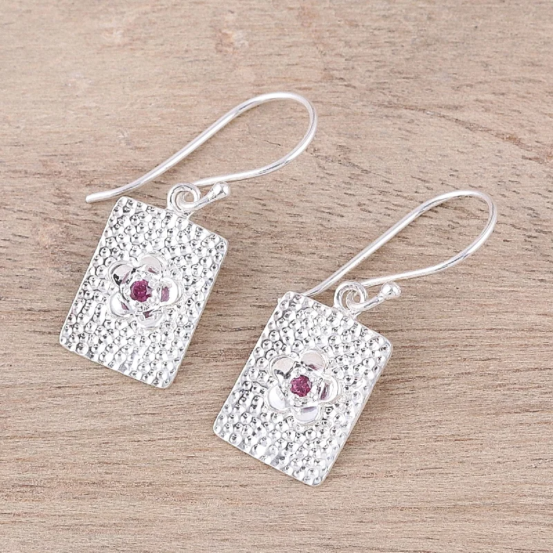 Best hoop earrings with floral designs for a feminine and delicate look-Floral Pictures Rectangular Floral Garnet Dangle Earrings from India