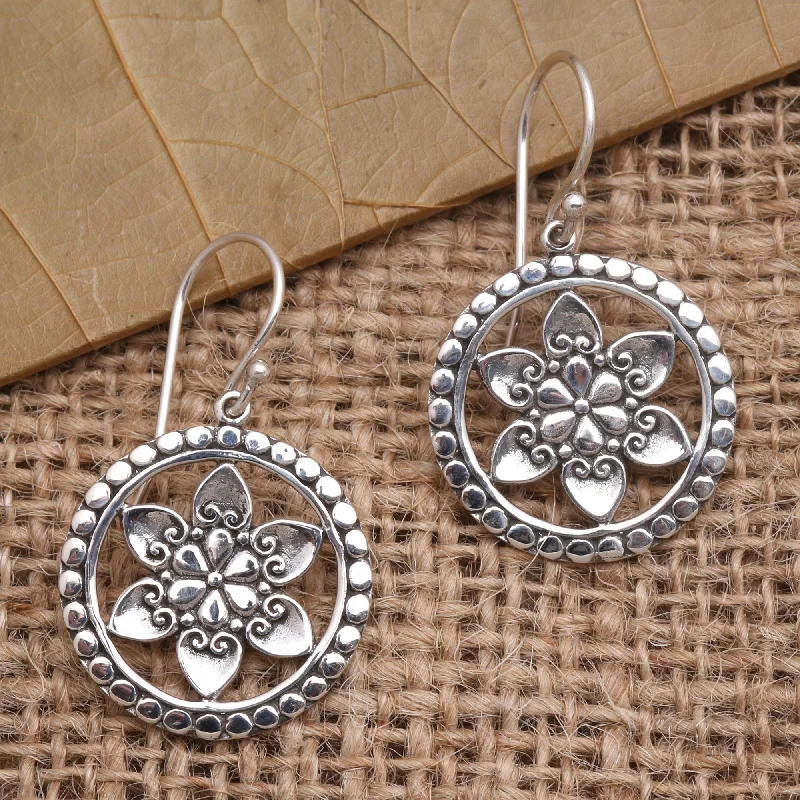 Hoop earrings with abstract wirework for an artistic, unique look-Flower Wheels Floral Sterling Silver Dangle Earrings