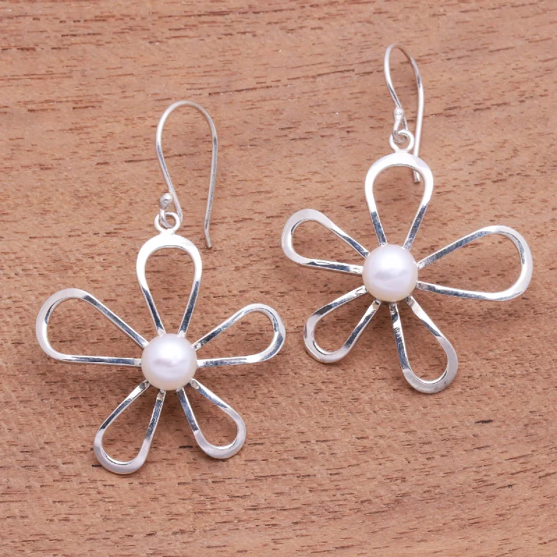 Hoop earrings with intricate designs for a unique and artistic appearance-Flower's Center Floral Cultured Pearl Dangle Earrings Crafted in Bali